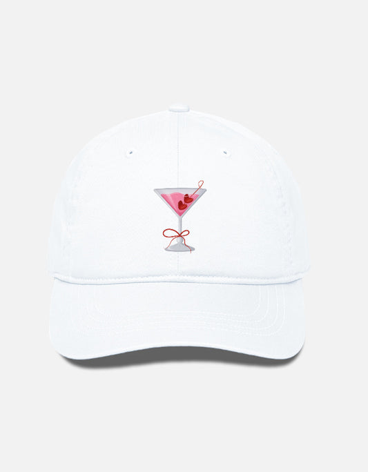 White cotton baseball cap with pink cocktail glass embroidery – Cupid's Cocktail aesthetic summer hat