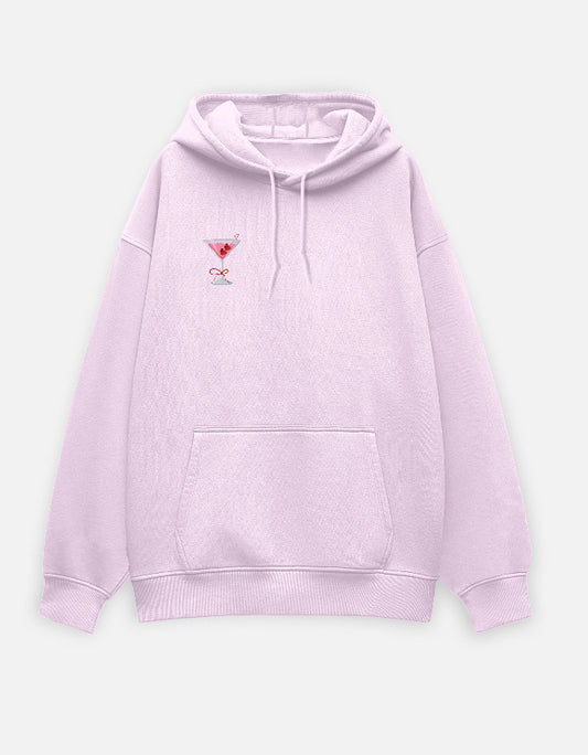 Pink unisex oversized hoodie with pink cocktail embroidery – cozy streetwear with dropped shoulders
