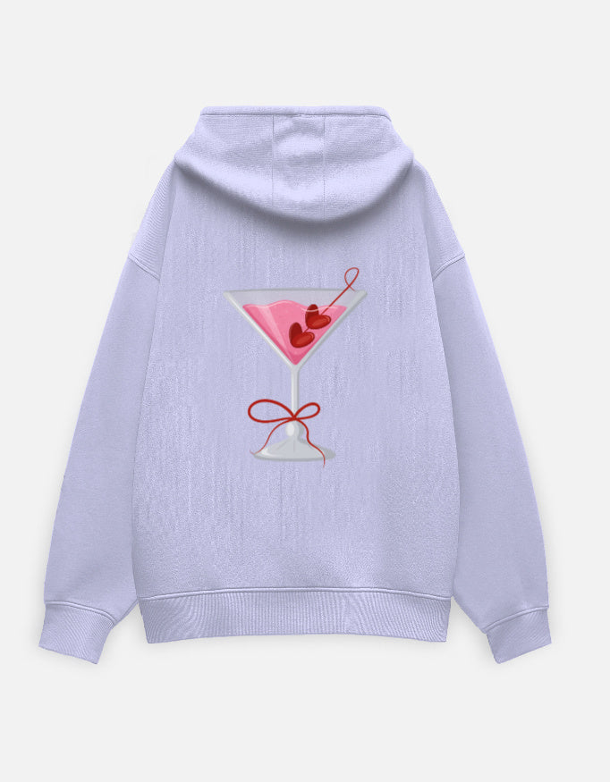 Purple unisex oversized hoodie with pink cocktail embroidery – cozy streetwear with dropped shoulders