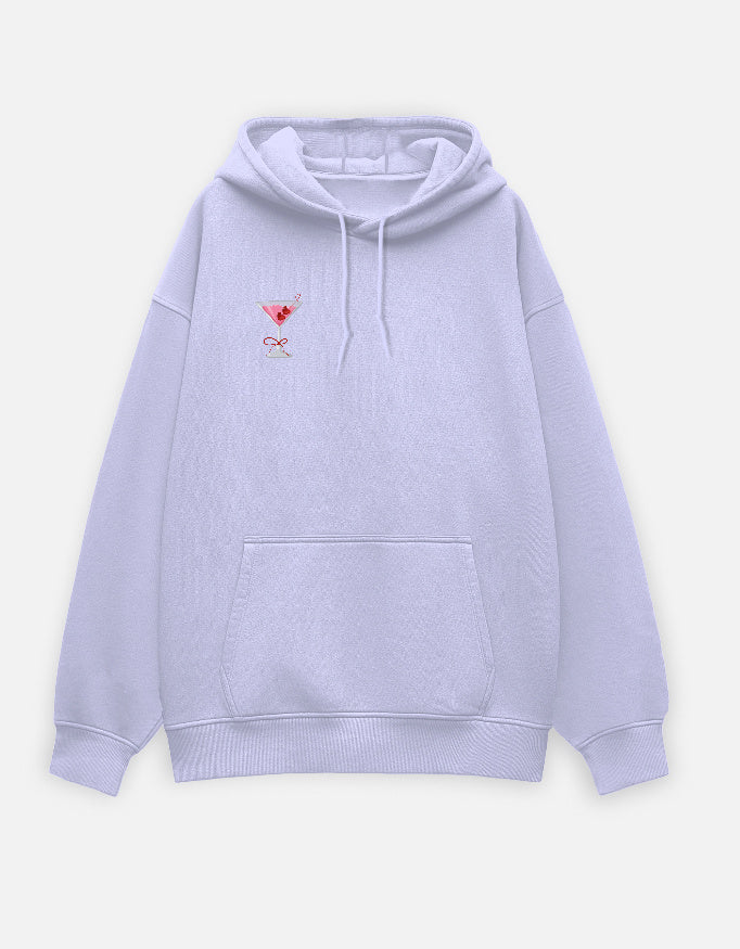 Lavender unisex oversized hoodie with pink cocktail embroidery – cozy streetwear with dropped shoulders