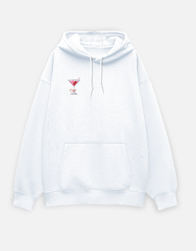 White unisex oversized hoodie with pink cocktail embroidery – cozy streetwear with dropped shoulders